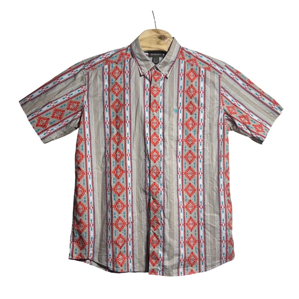 Ariat Mens‎ Wade Short Sleeve Shirt XL Tan Southwestern Geometric Print